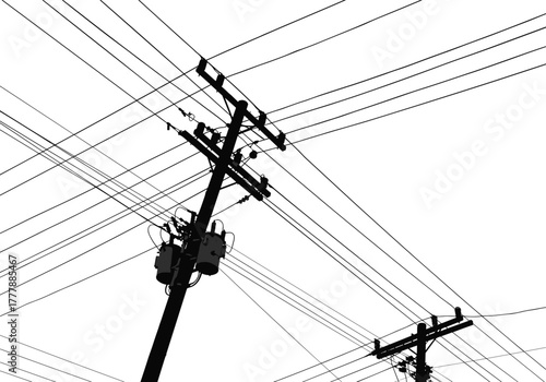Utility pole silhouette, power lines, electricity distribution, electrical transformers, urban infrastructure, energy grid, voltage transmission, industrial network, engineering, technology,