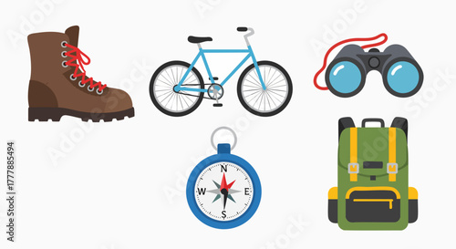 Outdoor adventure travel essentials collection flat design vector illustration hiking boot bicycle binoculars compass backpack camping explore journey nature equipment travel gear