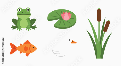 Cute pond animals plants set flat design collection frog duck goldfish lotus lilypad cattail nature aquatic wildlife vector illustration cartoon simple