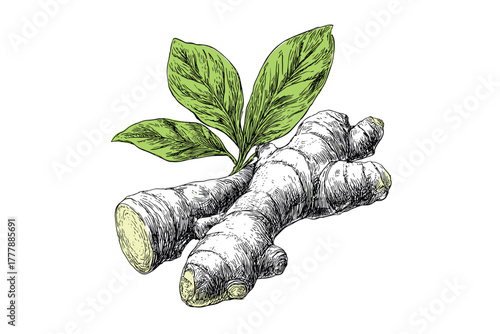 Fresh ginger root with green leaves for culinary and medicinal uses