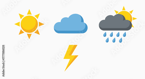 Colorful weather forecast icons collection sun cloud rain snow lightning vector illustration flat design climate symbols app website meteorology
