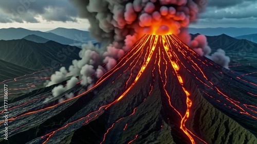 Active volcano eruption spewing molten lava and ash clouds into the sky over a mountainous landscape dramatic natural disaster