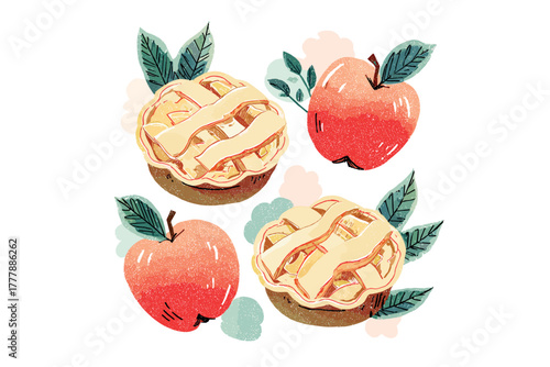 Fresh apple pie with apples on a decorative backdrop