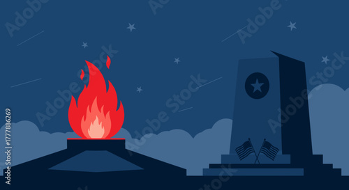 Stylized eternal flame with American flags, symbolizing remembrance and honor, perfect for Veterans Day promotions and educational materials