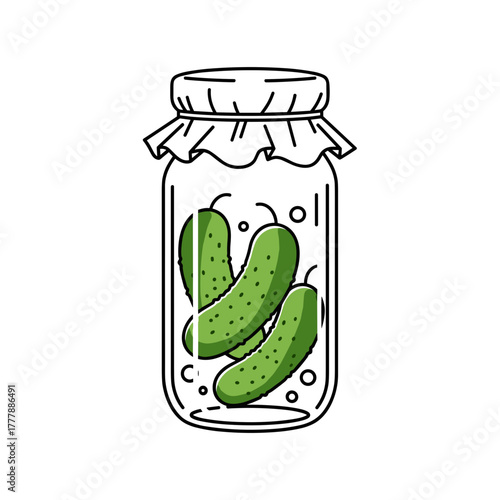 Jar of pickles illustration with cucumbers, simple design, food preservation, copy space