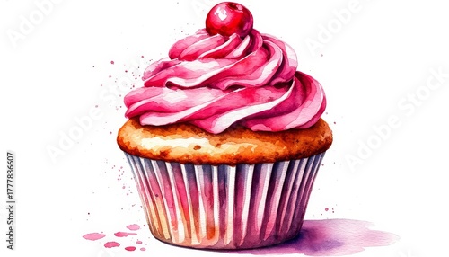 Delicate watercolor cupcake featuring pink frosting, a vibrant red cherry on top, and charming paint splatters, illustrating sweetness and celebration home decor wall art sticker concept