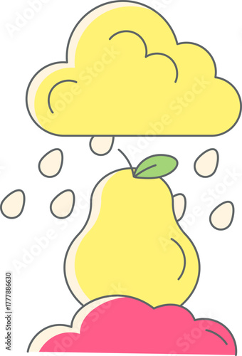 Cheerful pear enjoying a spring shower, whimsical illustration for children's books, playful design element, vector art, nature concept, bright colors, sweet and simple
