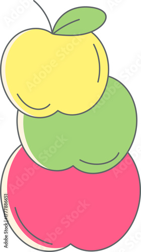 Stacked colorful apples in vibrant shades, perfect for health food branding, illustrating freshness, and conveying healthy eating for a joyful lifestyle