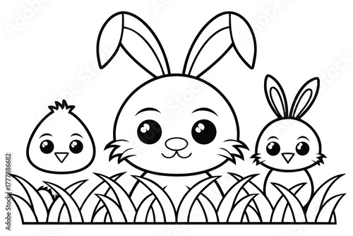  black and white illustration depicts three adorable Easter-themed characters peeking out from behind blades of grass.