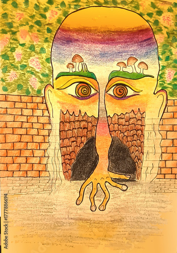 Hand Drawn Mystical Face Guarding Cave Entrance in Rock Wall