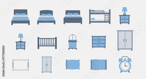 Collection of various bedroom furniture items, including beds, nightstands, and storage.