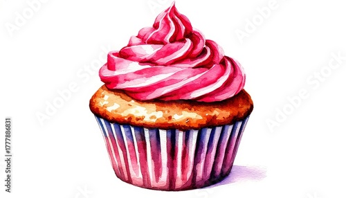 Watercolor cupcake painting with creamy pink frosting on white background, childhood joy festive celebrations ideal for food, baking and party design projects home decor wall art sticker concept