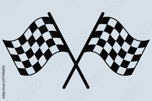 Racing finish flag vector, crossed checkered icon, black and white design, motorsport victory, car competition, speed symbol, race illustration, racing concept