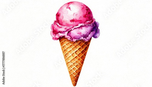 Pink and purple watercolor ice cream in a crisp waffle cone, creating a sweet dessert illustration, perfect for summer treat concepts and food themes home decor wall art sticker concept