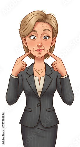 Middle aged blonde businesswoman posing amusingly against a blank backdrop making a fish face.png