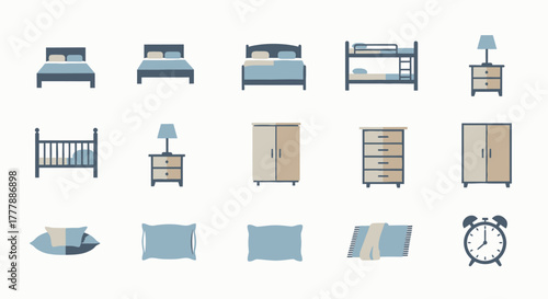 A collection of flat design bedroom furniture and accessories icons, including various beds, nightstands, wardrobes, dressers, pillows, and an alarm clock.