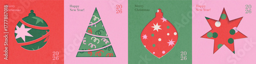 Merry Christmas greeting square cards set. Christmas and new year cover templates clip art with paper texture with cut out decoration elements like star, pine tree and xmas ball with patterns. Vector