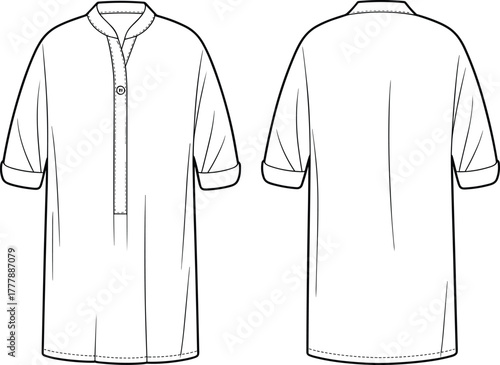Tunic shirt technical sketch, front and back view, band collar, elbow sleeve, button placket, fashion design, garment construction, vector illustration
