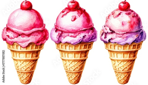Watercolor ice cream cones featuring vibrant pink and purple scoops with cherries on top, an artistic summer dessert illustration for sweet food concepts home decor wall art sticker concept
