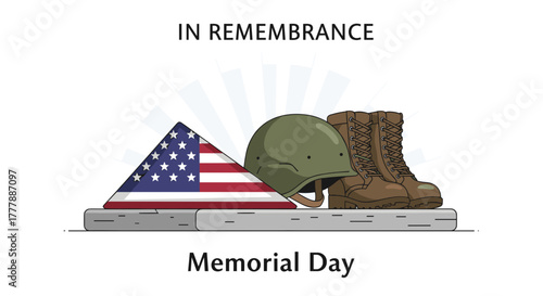 Memorial Day tribute with military helmet, boots, and folded American flag, ideal for commemorative materials and educational content honoring veterans