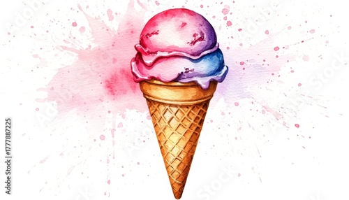 Ice cream cone with two scoops of melting pink and blue flavors on a white background with watercolor splash, representing sweet summer treats home decor wall art sticker concept