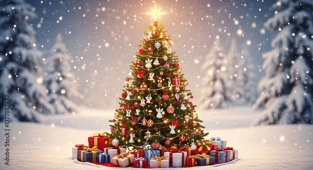 Naklejka premium Decorated christmas tree with star and gifts in snowy winter landscape with snow covered trees behind it