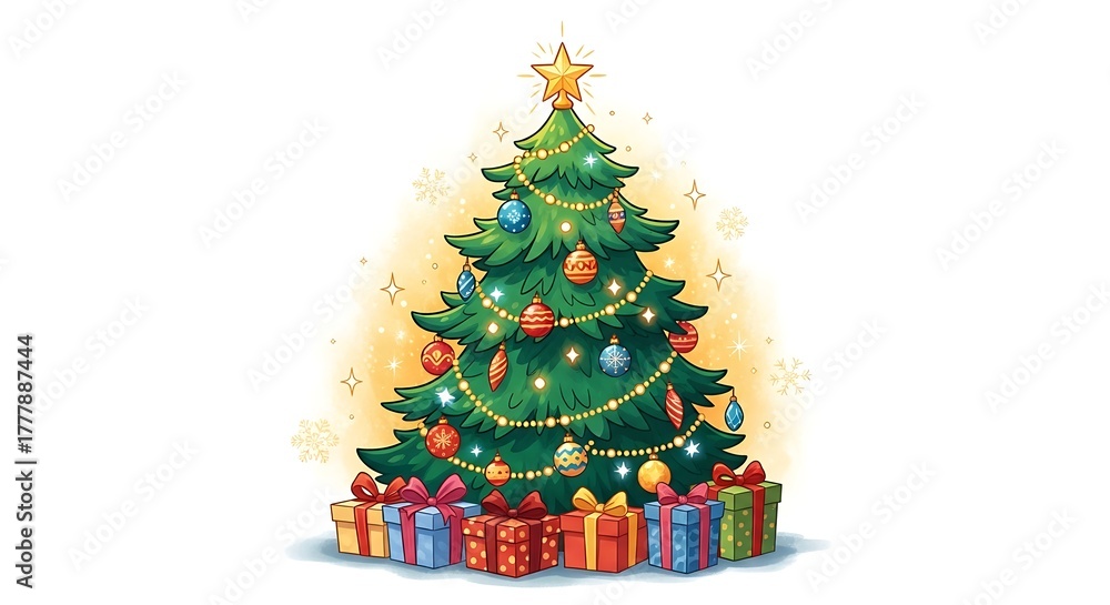 Fototapeta premium Decorated christmas tree with star on top and gifts underneath on a white and yellow background