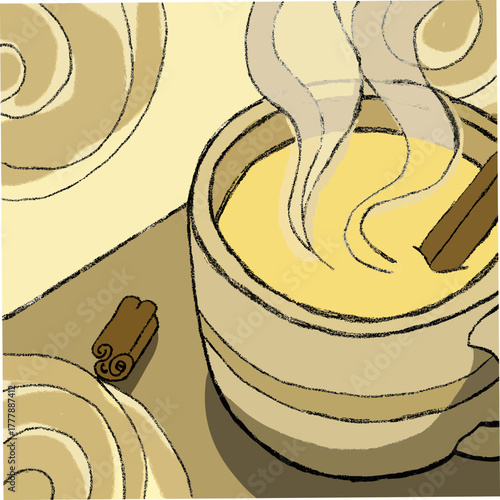 A cozy cup of warm eggnog with cinnamon sticks and whipped cream, perfect for a festive holiday treat