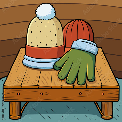 A cozy scene unfolds on a wooden table, featuring two warm winter hats and a pair of gloves, perfect for braving the cold weather and enjoying outdoor activities
