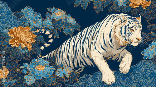 Vector illustration of a neo traditional and japanese tattoo design of a White tiger on a deep blue background