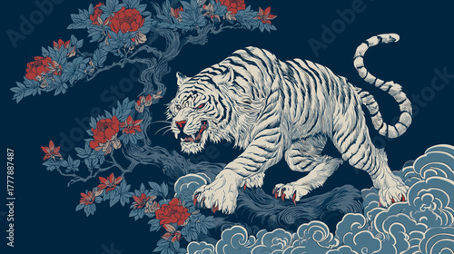 Vector illustration of a neo traditional and japanese tattoo design of a White tiger on a deep blue background