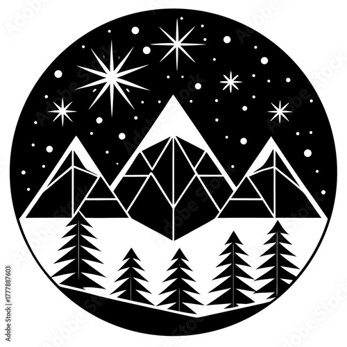 A serene winter landscape illustration showcases snowcapped mountains and evergreen trees under a starry sky, all contained within a circular frame, evoking a sense of peacefulness and natural beauty
