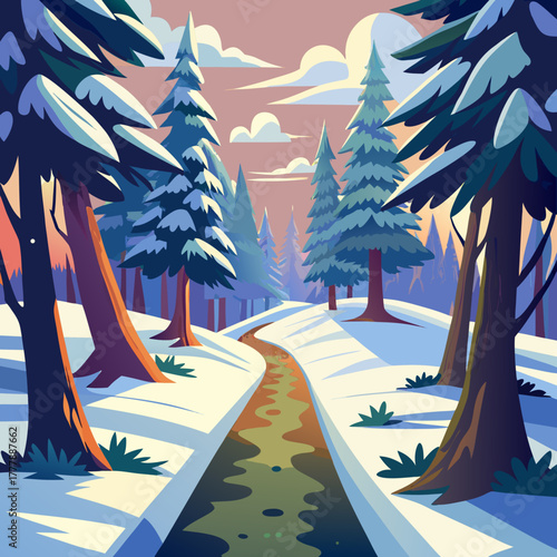 A serene winter scene depicts a snowcovered path winding through a forest of evergreen trees, bathed in the soft light of a pastel sky, creating a peaceful and picturesque landscape
