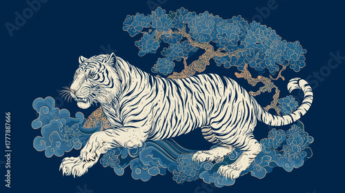 Vector illustration of a neo traditional and japanese tattoo design of a White tiger on a deep blue background