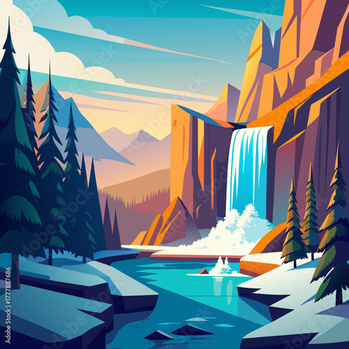 A stunning vector illustration of a winter landscape with a waterfall, mountains, and pine trees, showcasing a vibrant color palette and a modern, minimalist style