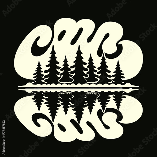 Camp scene with trees reflected in the water, creating a serene and natural atmosphere, perfect for outdoor enthusiasts and nature lovers, set against a clean, minimalist black backdrop