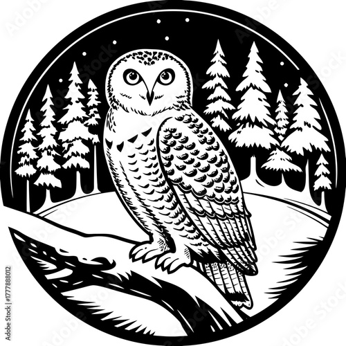 Majestic snowy owl perched on a branch amidst a winter forest scene, captured in a striking black and white vector illustration the owls gaze is intense