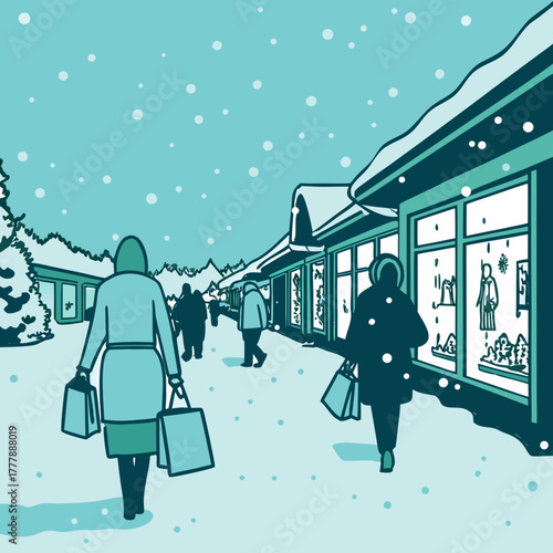 People are strolling along a snowcovered street lined with shops during a winter shopping spree, carrying shopping bags and enjoying the festive atmosphere of the snowy town