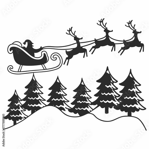 Silhouette of santa claus riding in a sleigh pulled by reindeer over a snowy landscape with christmas trees a festive and magical scene perfect for holiday cards and decorations