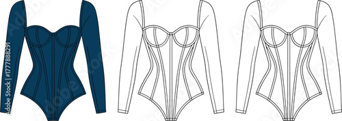 Structured bodysuit fashion illustration, long sleeves, corset detailing, underwire cups, garment sketch, technical drawing, apparel design, template