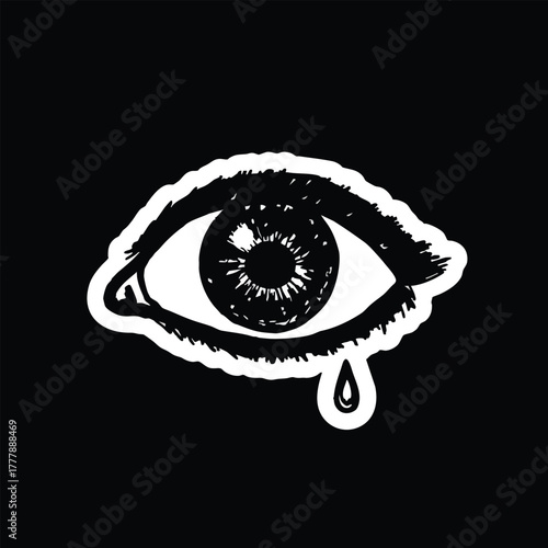 Distressed Eye Illustration Symbolizing Sadness and Emotion in Black and White