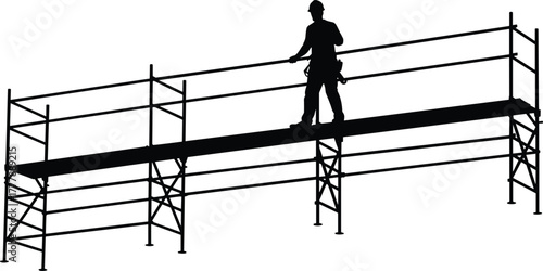 Construction worker walking on scaffolding platform silhouette, industrial safety concept, building maintenance, architecture structure, engineering work, construction site, and labor art.