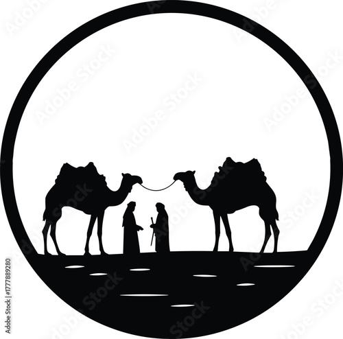 Desert travelers with camels silhouette in circular frame, traditional Arabian caravan scene symbolizing culture, adventure, nomadic lifestyle, and journey illustration.