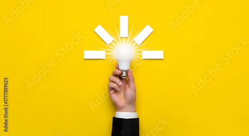 Brilliant idea concept with hand holding bright lightbulb on vibrant yellow background, inspiring creativity and innovation for business and education