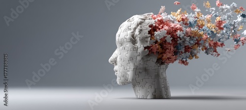 Split brain 3D render with monochrome and vibrant pieces