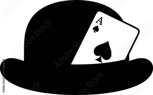 A classic black bowler hat with a spade peeking out from under the ribbon. It symbolizes luck, play, a secret, or elegance with an unexpected twist.