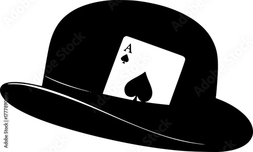 A classic black bowler hat with a spade peeking out from under the ribbon. It symbolizes luck, play, a secret, or elegance with an unexpected twist.