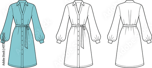 Teal shirt dress illustration, fashion technical sketch, puff sleeve design, waist tie belt, front and back view, apparel template, garment flat
