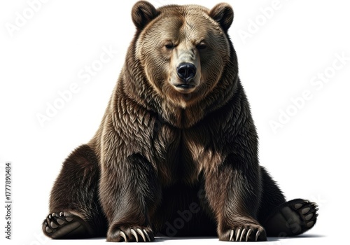Majestic grizzly bear sitting calmly on white background