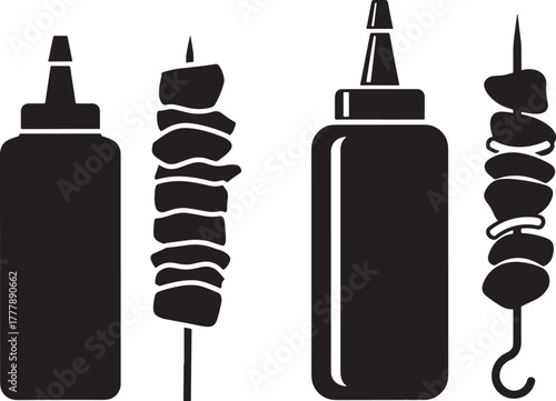 Ketchup bottles and meat skewers silhouette